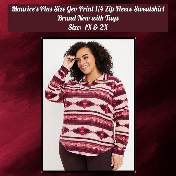 Maurice's Plus Size Geo Print 1/1 Zip Fleece Sweatshirt 1X & 2X - Picture 1 of 12